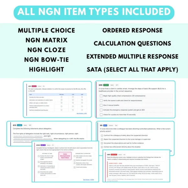 Next Gen NCLEX Question Banks | 2026 Practice Questions with Answers and Rationale | Case Studies, Bow-Tie, Trend, Matrix, Cloze, Highlighting, and SATA | CJMM Aligned